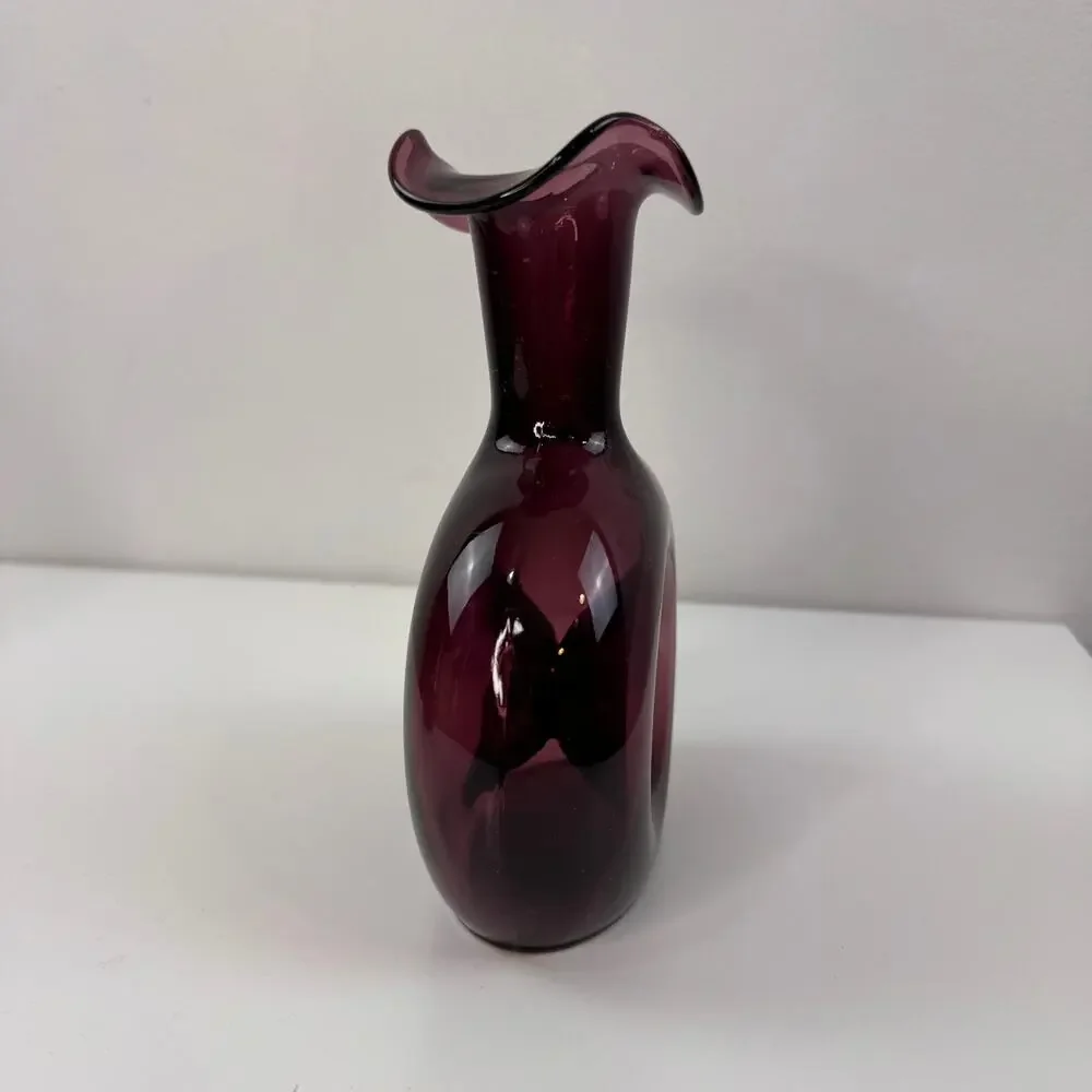 Set 2 Vintage BLENKO Pinched Donut Purple Amethyst Tulip Vase Glass Teardrop MCM